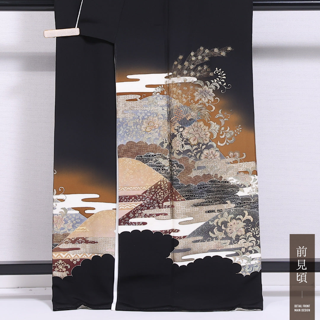 黒留袖 身丈166cm 裄丈64.5cm 袷 五つ紋 五三桐 正絹 Aランク 広衿 孔雀 エ霞 ぼかし 唐花 比翼仕立て 1211-F0427
