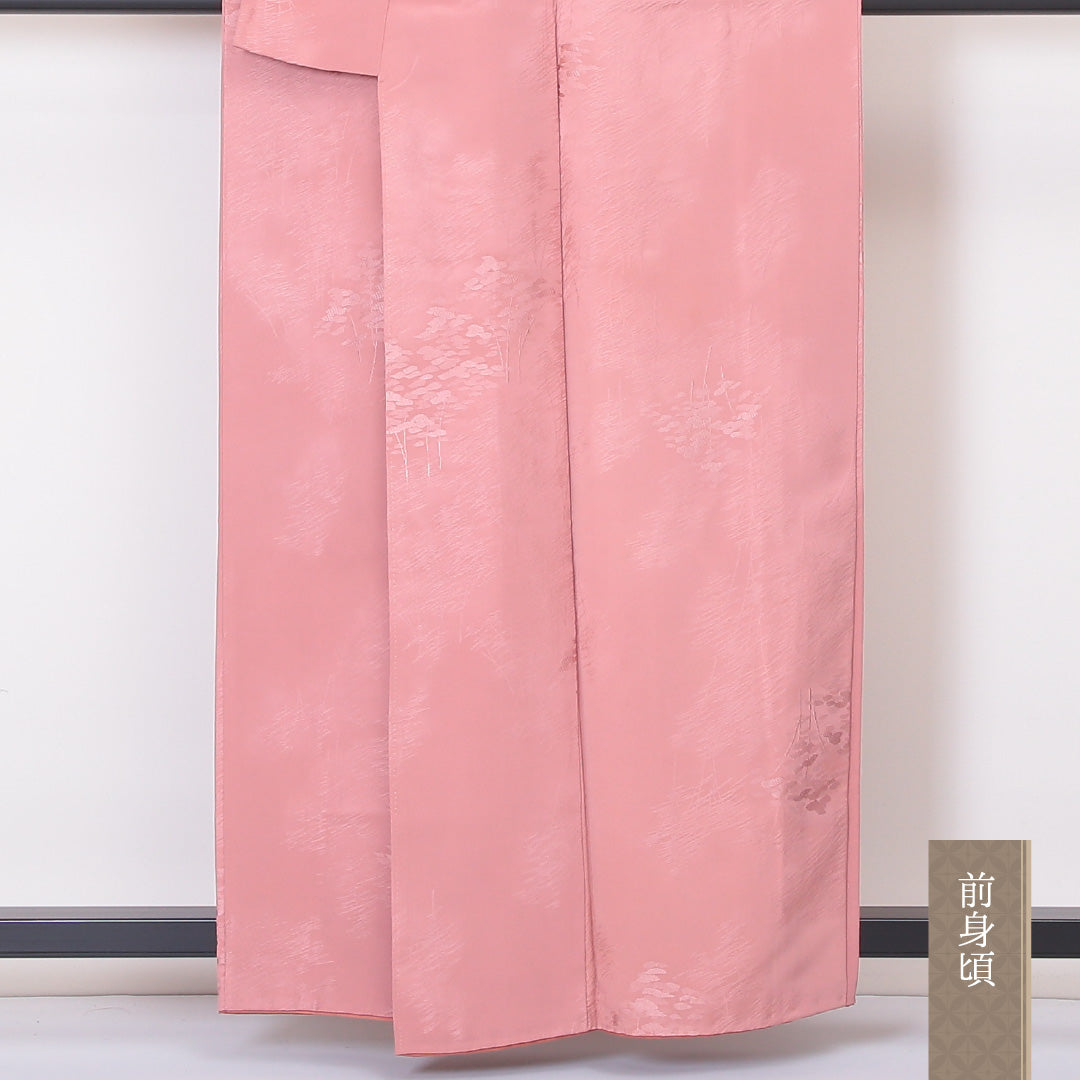 色無地 袷 身丈159cm 裄丈65cm 正絹 Aランク 一つ紋 (四方木瓜) 紋意匠 (木立) セミフォーマル 広衿 Mサイズ ぼかし染 ピンク系 RP 1219-05239