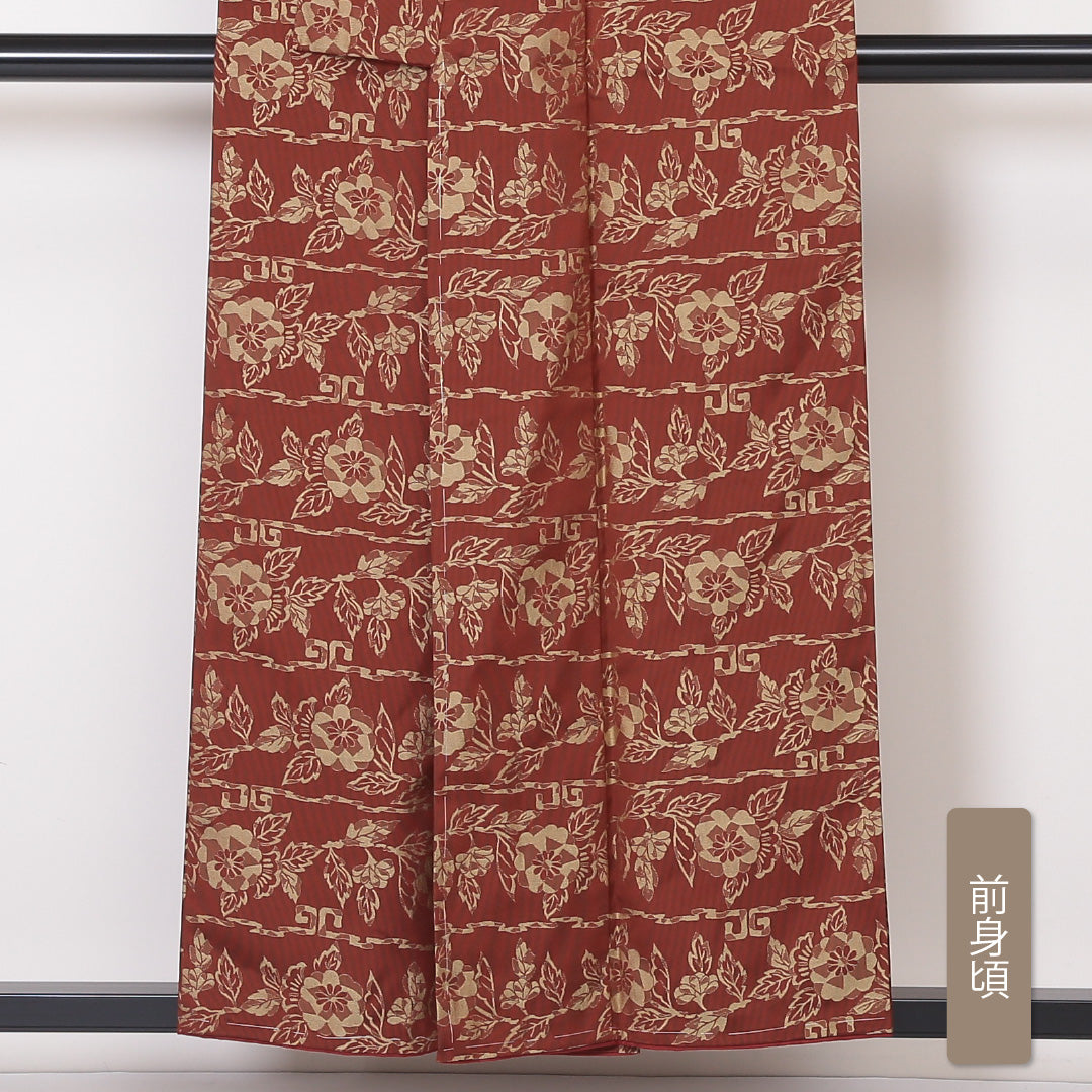 お召 袷 身丈154cm 裄64cm 正絹 茶系 Sランク 牡丹 しつけ糸 1216-00777-2214