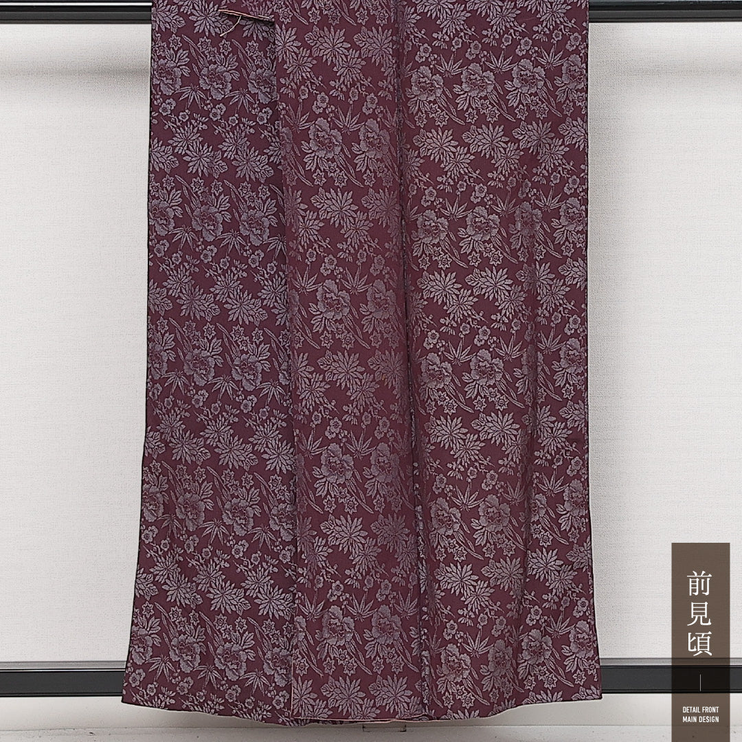 アンティーク お召 袷 身丈152cm 裄丈60cm 正絹 Bランク バチ衿 Sサイズ 菊 笹 牡丹 紫系 HP 1222-13980