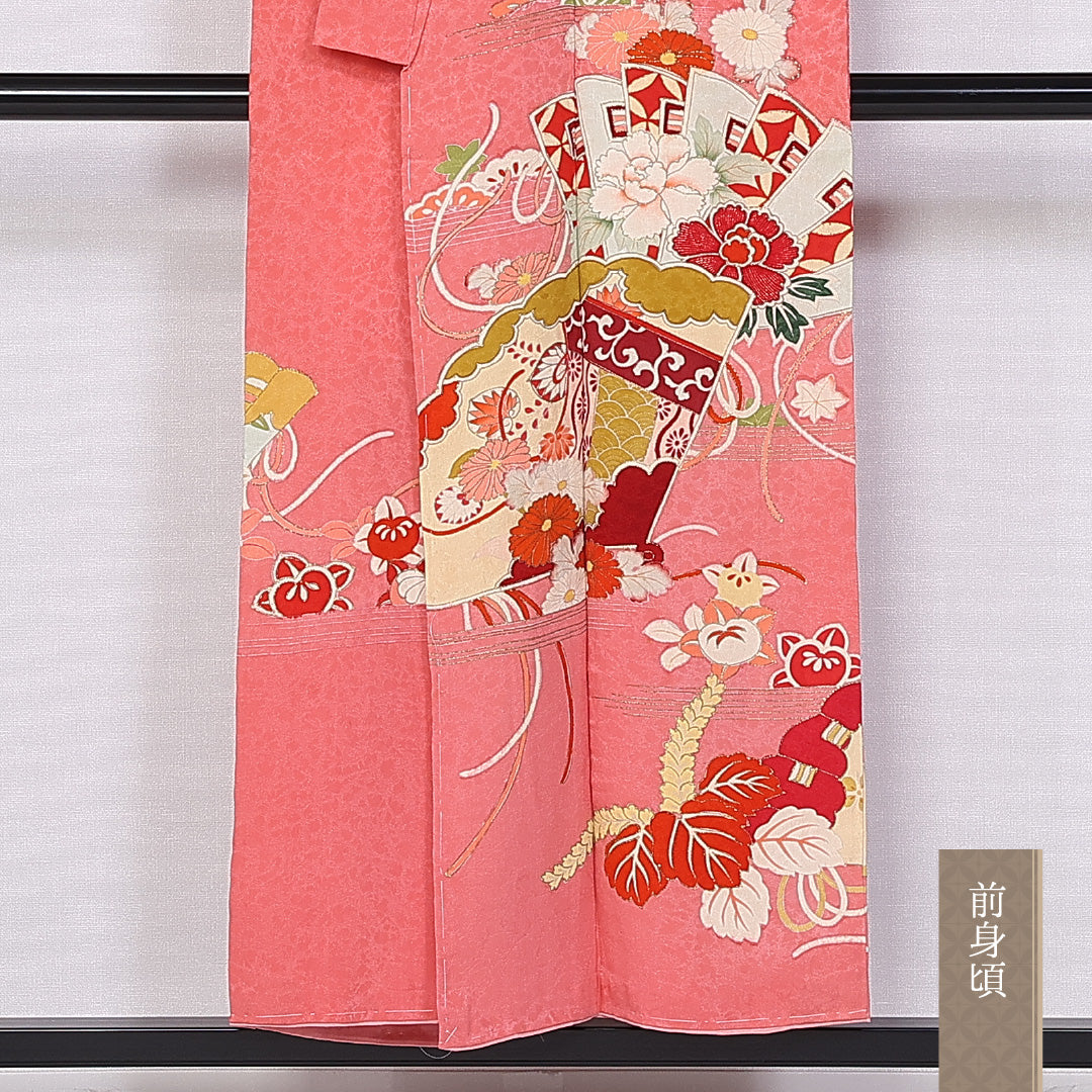 アンティーク 訪問着 袷 身丈152cm 裄丈64cm 正絹 Aランク 一つ紋 (五三桐) バチ衿 Sサイズ 織り出し 扇 桐 創作柄 ピンク系 M4 1217-10674