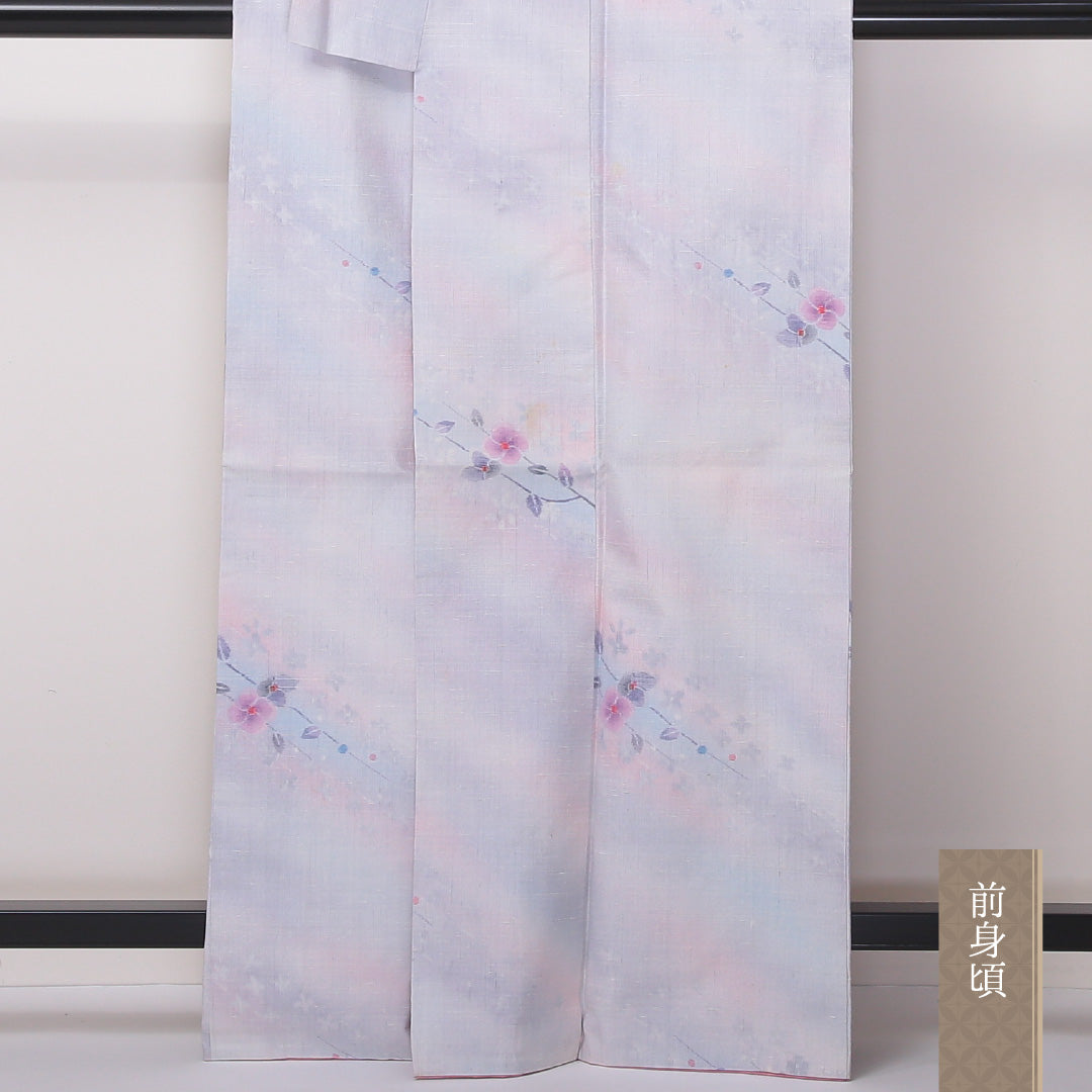 紬 袷 身丈163cm 裄66cm 正絹 花柄 ぼかし 白系 Cランク 1216-01122
