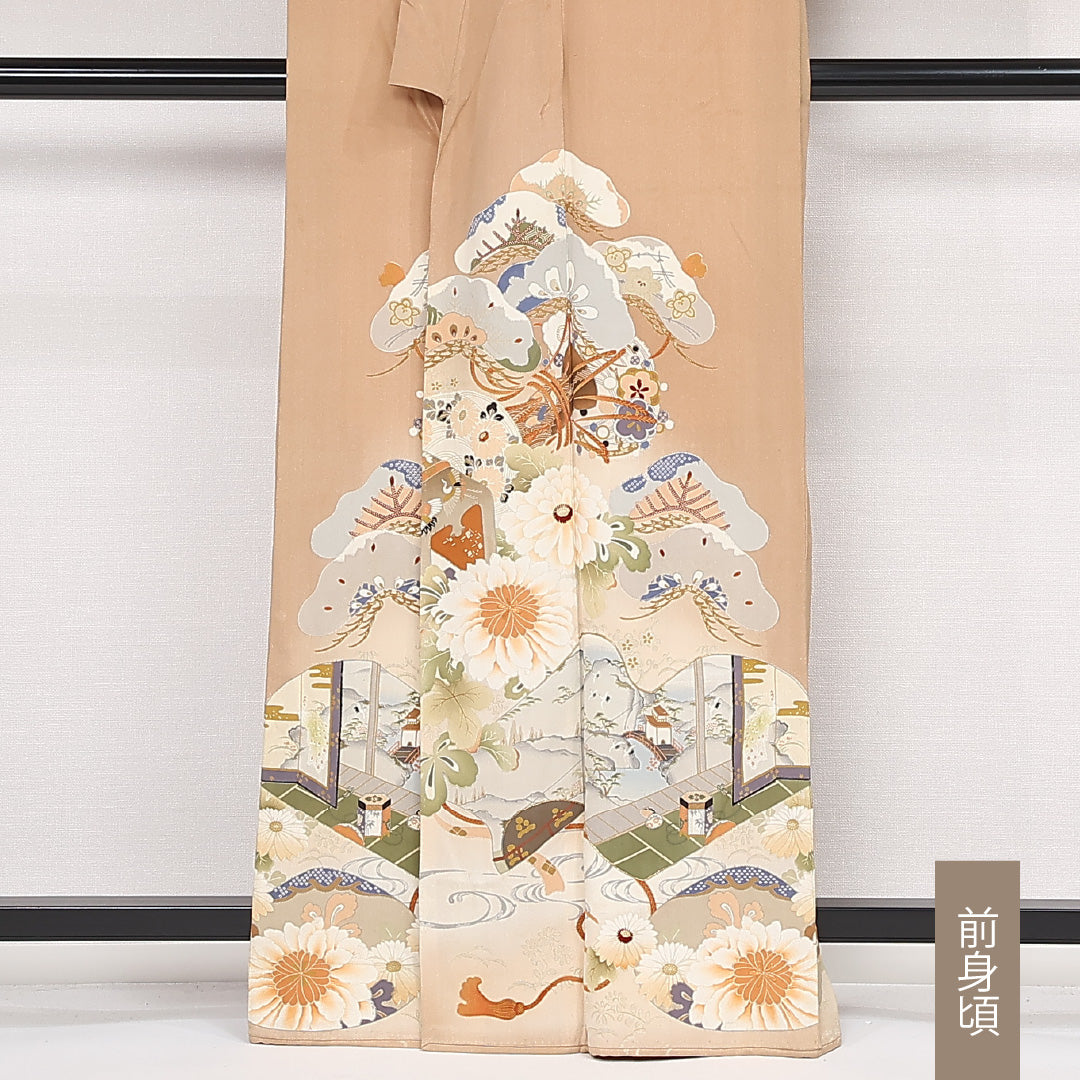 アンティーク 色留袖 五つ紋 揚羽蝶 身丈162cm 裄丈63cm Dランク 正絹 袷 バチ衿 L 菊 松 古典的 落ち着き ベージュ系 1211-F0590