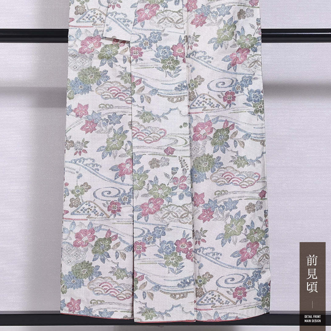 紬 袷 身丈149cm 裄丈62cm 正絹 Bランク カジュアル バチ衿 XSサイズ 流水 十字絣 桔梗 朝顔 白系 RP 1223-11709