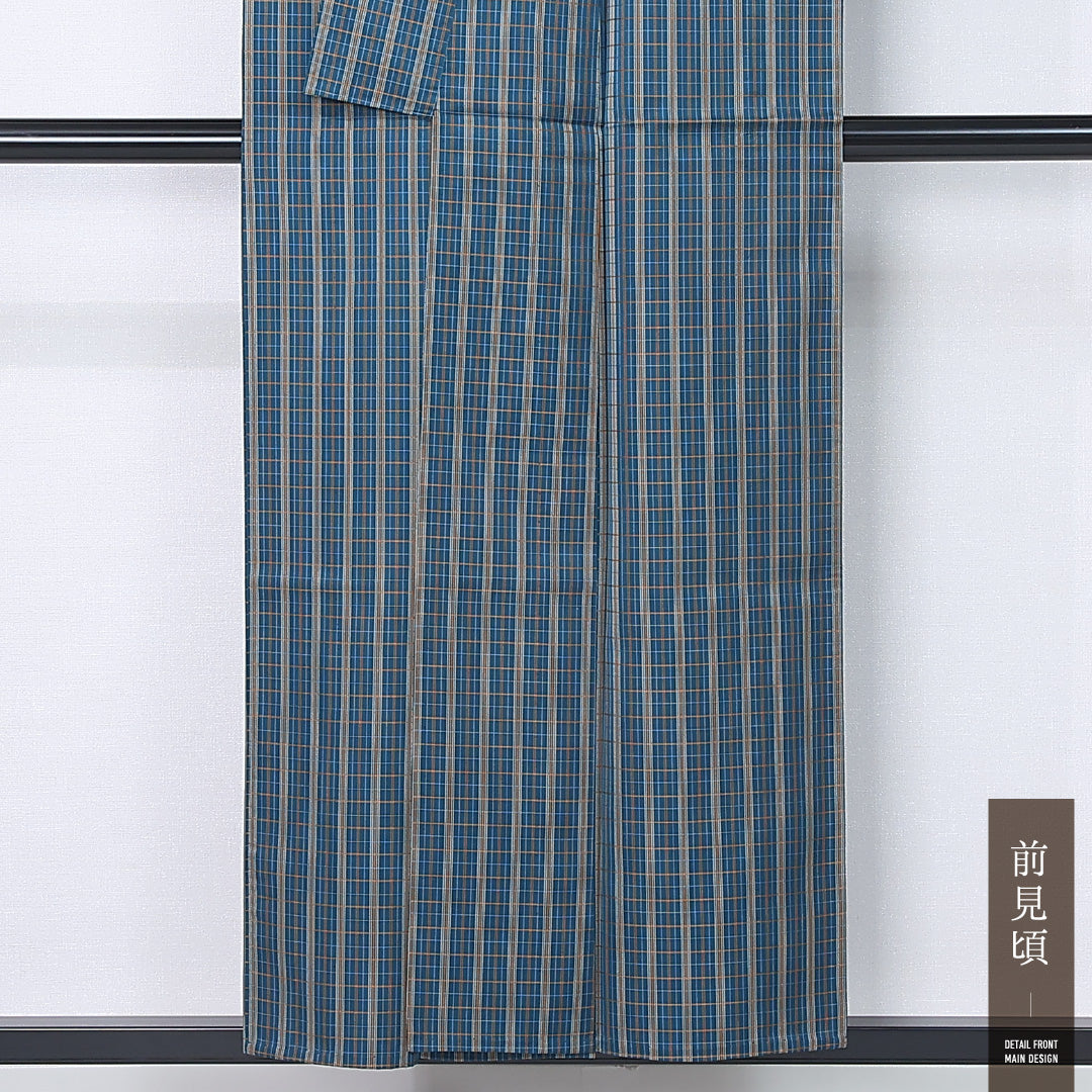 紬 単衣 身丈152cm 裄丈62cm 正絹 Sランク カジュアル 広衿 Sサイズ 格子 青系 RP 1223-12250