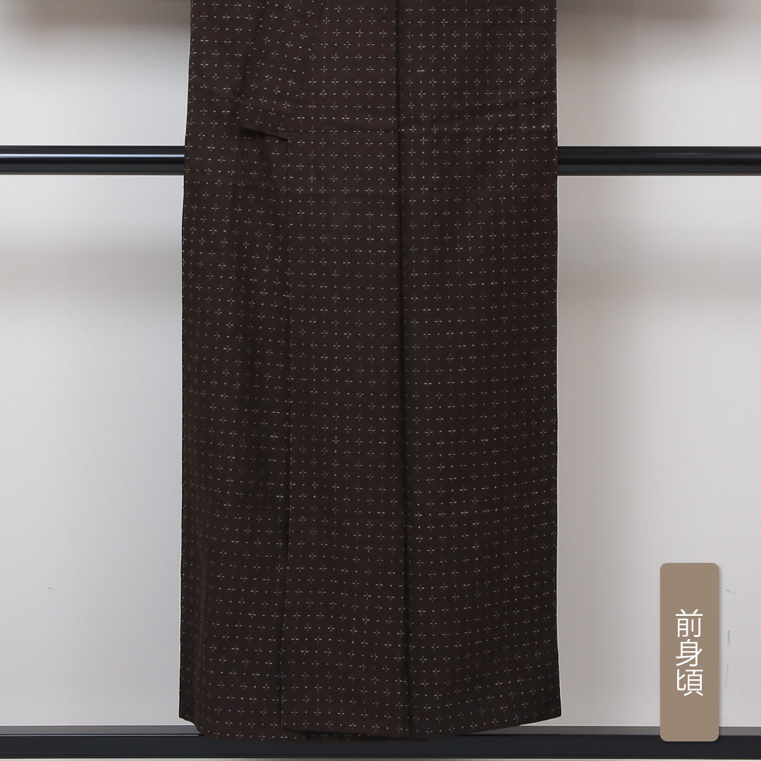 アンティーク 紬 夏物 夏紬 身丈150cm 裄丈62cm 正絹 Cランク Sサイズ バチ衿 十字絣 茶系 1216-02883