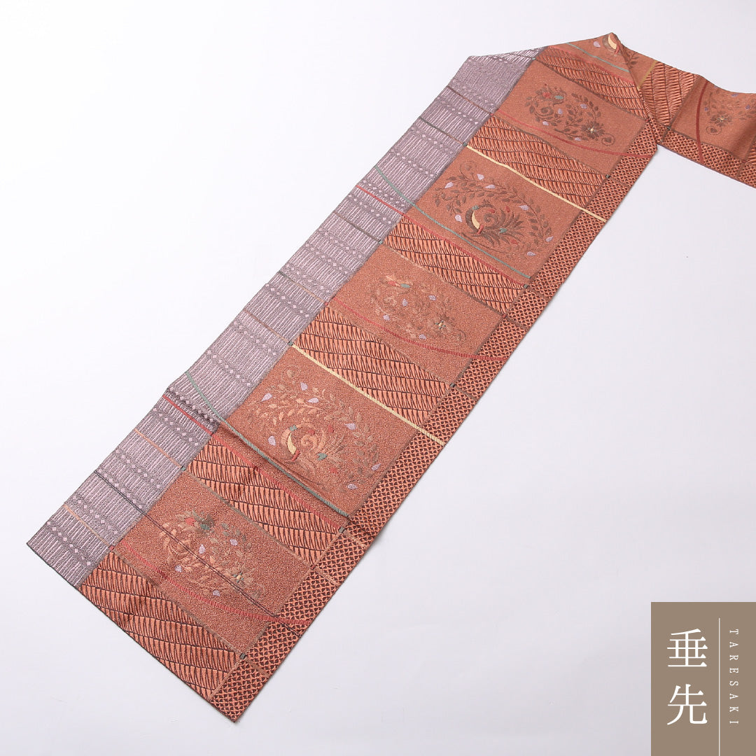 未使用品 八寸名古屋帯 Nランク 帯丈353cm 正絹 六通 名古屋仕立て 織り インフォーマル 孔雀 ピンク系 HP 1245-02691