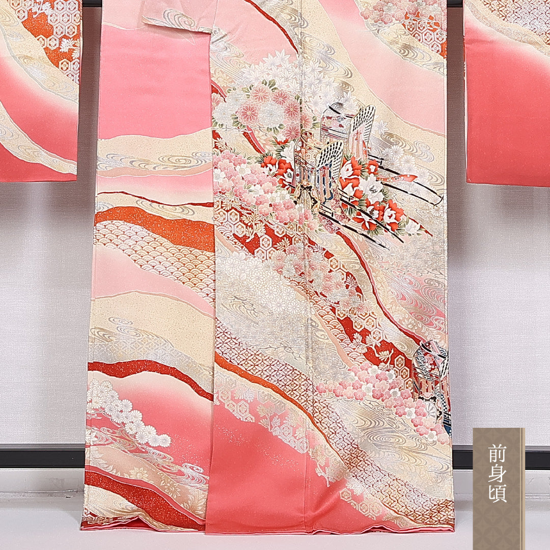 振袖 身丈161cm 裄丈66.5cm 袷 正絹 Aランク 広衿 御所車 吉祥文様 1213-F0296