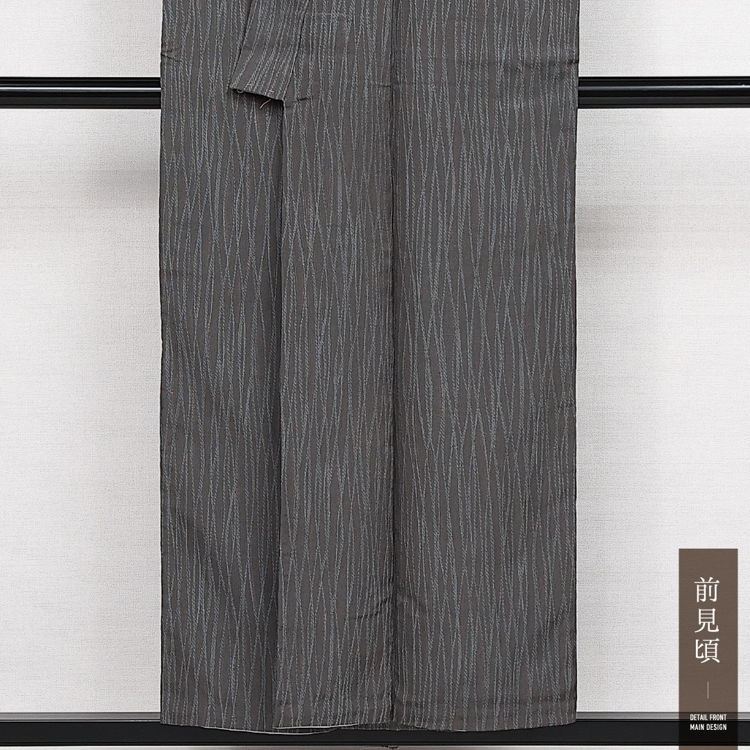 お召 袷 身丈152cm 裄丈63cm 正絹 Aランク インフォーマル バチ衿 Sサイズ よろけ縞 グレー系 HP 1222-14127