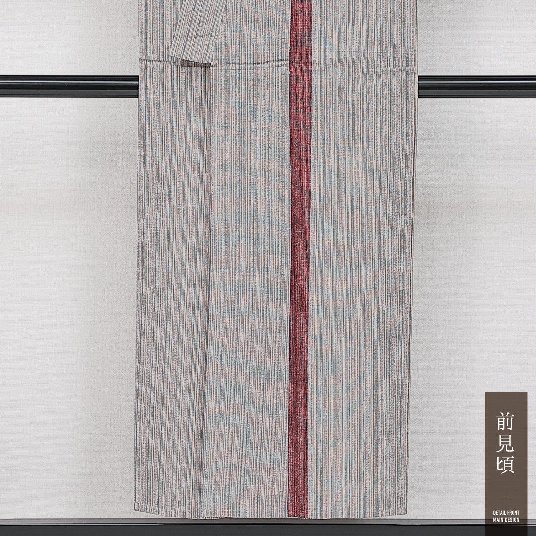 小千谷縮 夏物 洗える着物 身丈149cm 裄丈62cm Sランク 麻 バチ衿 XSサイズ カジュアル 縞 素朴 落ち着き グレー系 1216-14417