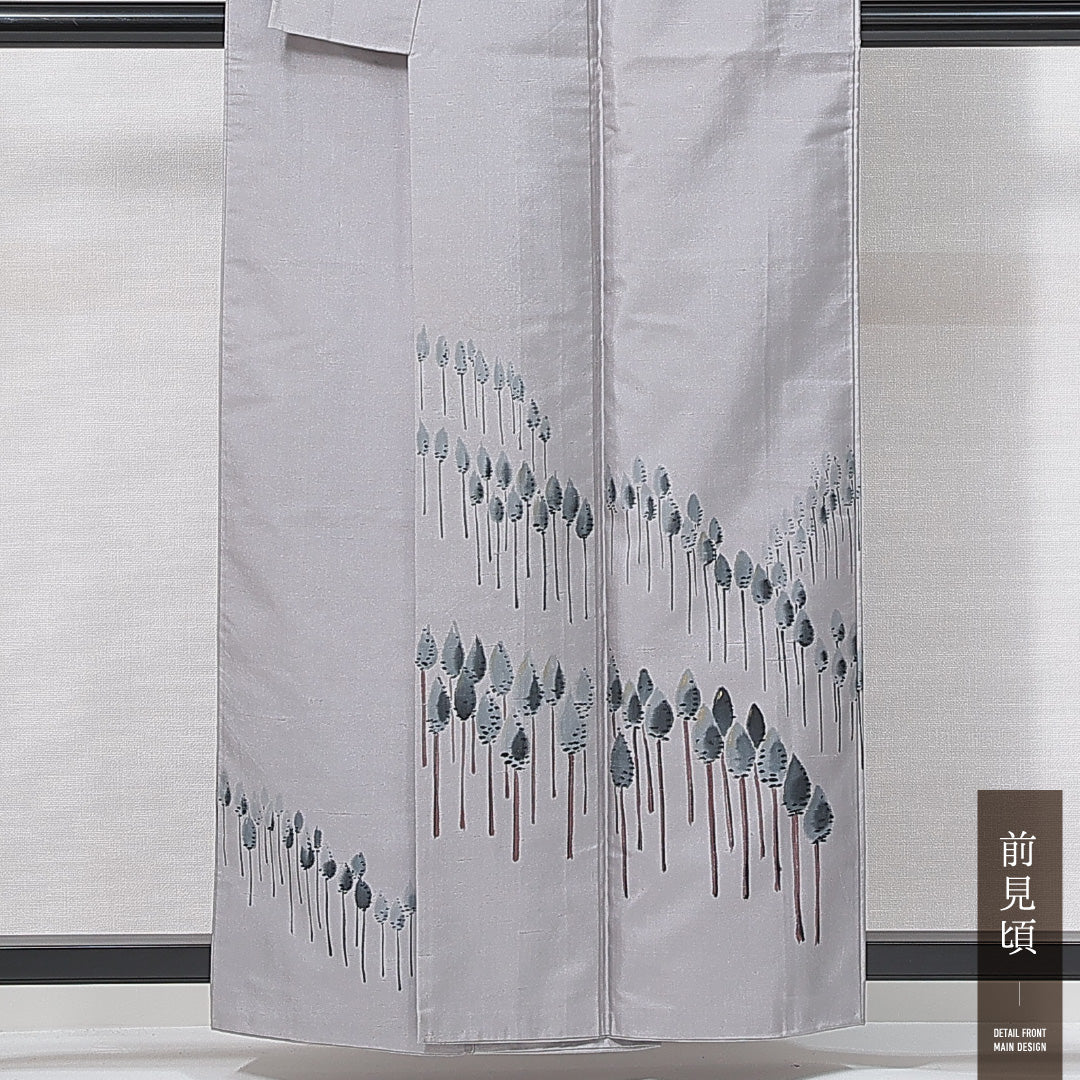 付下げ(飯田紬) 袷 身丈156cm 裄丈63cm 正絹 Cランク Mサイズ 広衿 インフォーマル 木立 金彩 作家物 落款 グレー系 1261-14986
