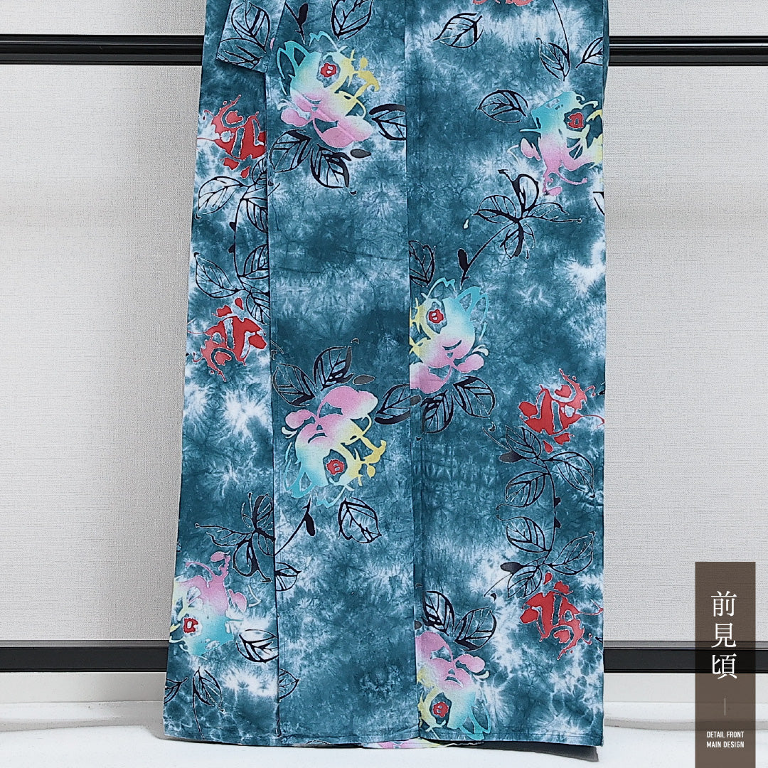 浴衣 夏物 洗える着物 身丈159cm 裄丈65cm Aランク 木綿 バチ衿 Mサイズ カジュアル 花柄 モダン 華やか 青系 緑系 1218-14276