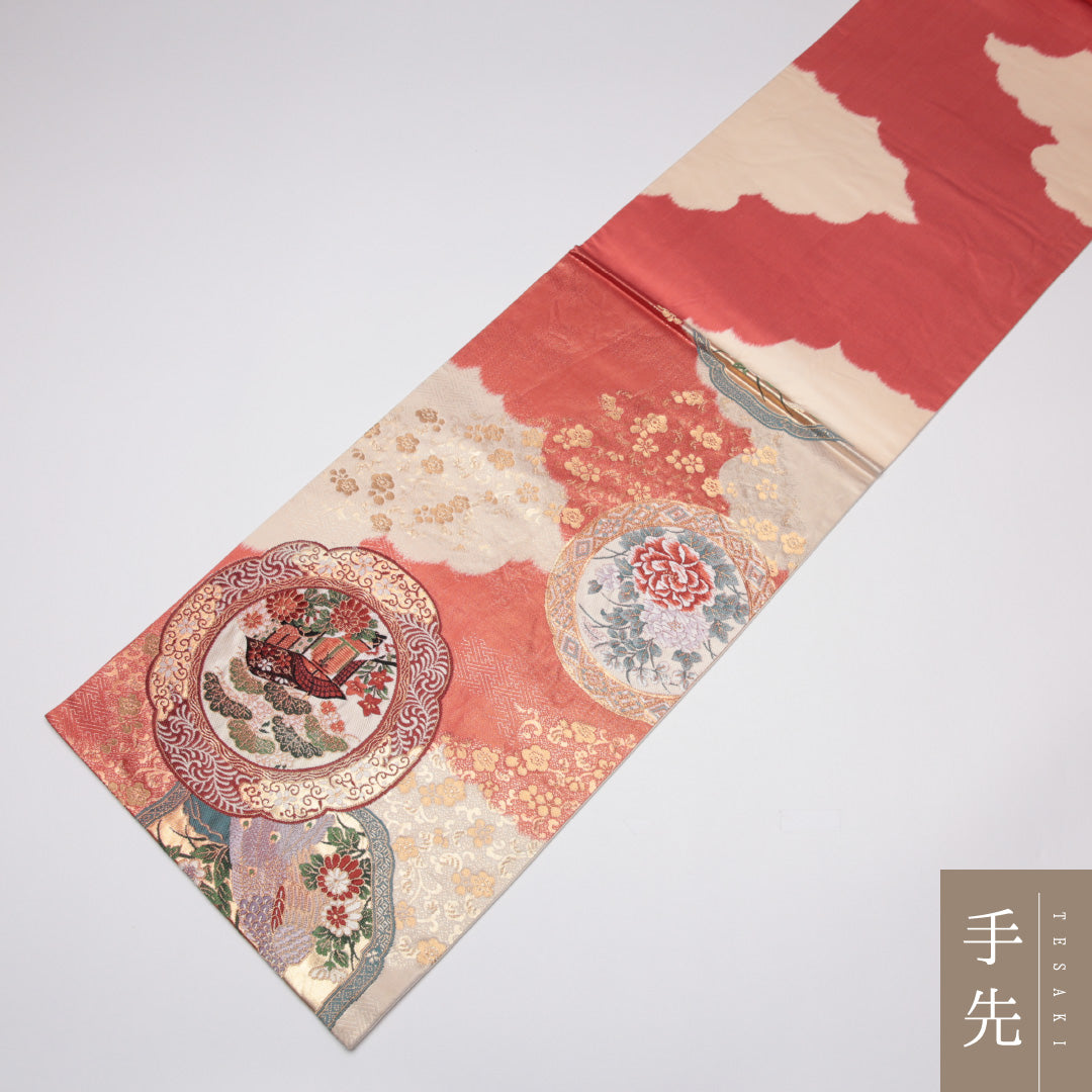 袋帯 帯丈428cm 正絹 六通 鏡裏花鳥文 フォーマル 鏡裏文 花鳥文 ピンク系 1243-01137