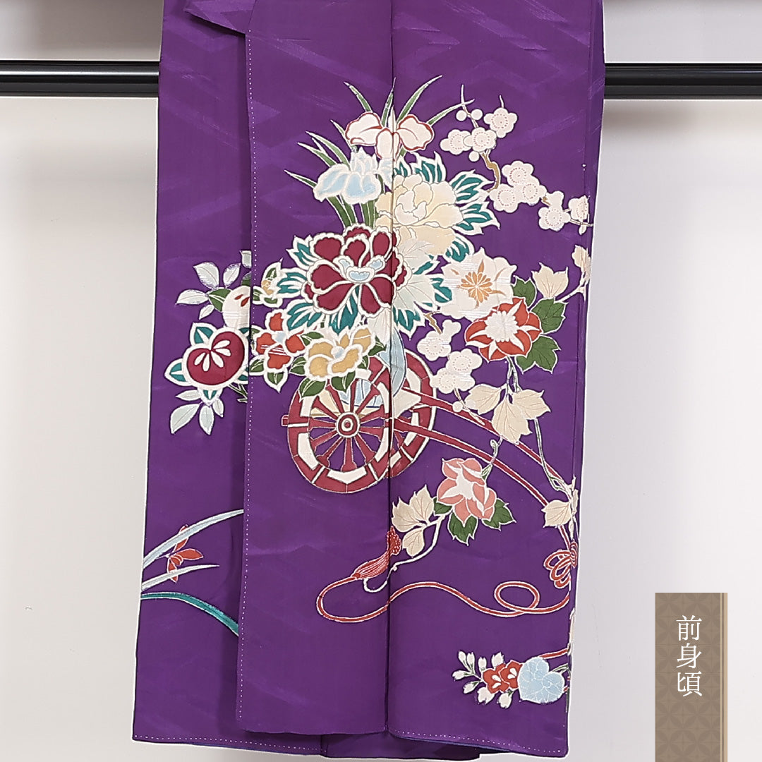 アンティーク 訪問着 (錦紗) 袷 身丈147cm 裄丈61cm 正絹 Cランク 一つ紋 (五三桐) 紋意匠 (紗綾型) バチ衿 XSサイズ 花車 橘 紫系 PO 1217-04628