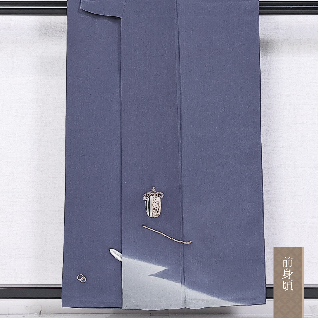 付下げ 袷 身丈154cm 裄丈60cm 正絹 Sランク 一つ紋 (桔梗) セミフォーマル 広衿 Sサイズ 茶道具 青系 M4 1218-10707