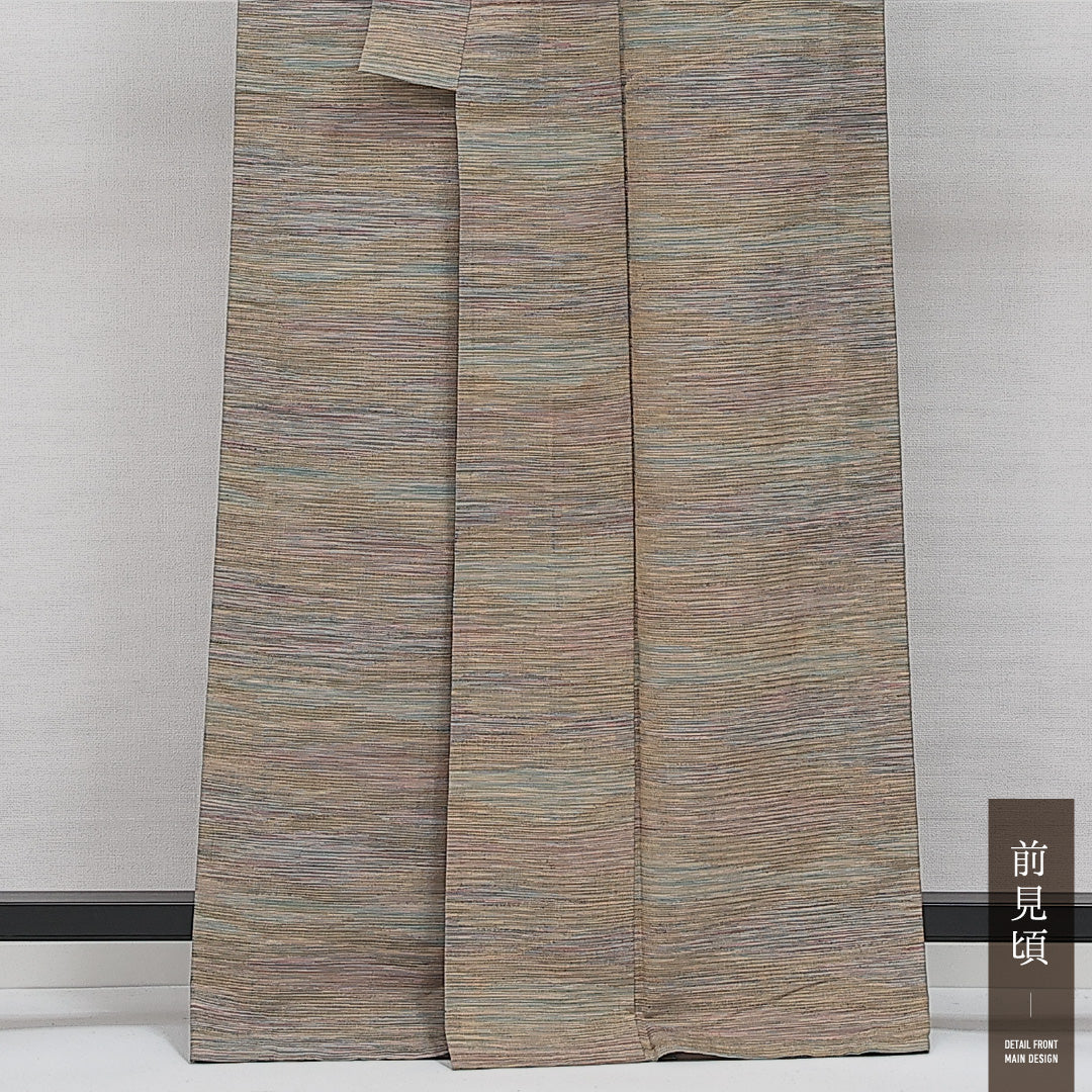 紬 単衣 身丈163cm 裄丈62cm 正絹 Sランク カジュアル バチ衿 Lサイズ 彩霞縞 素朴 落ち着き 多色系 RP 1223-14415