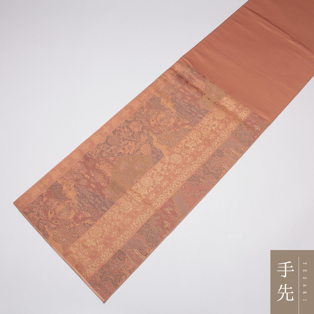 袋帯 帯丈444cm 正絹 六通 セミフォーマル 名物裂 朱系 金系 1243-01177