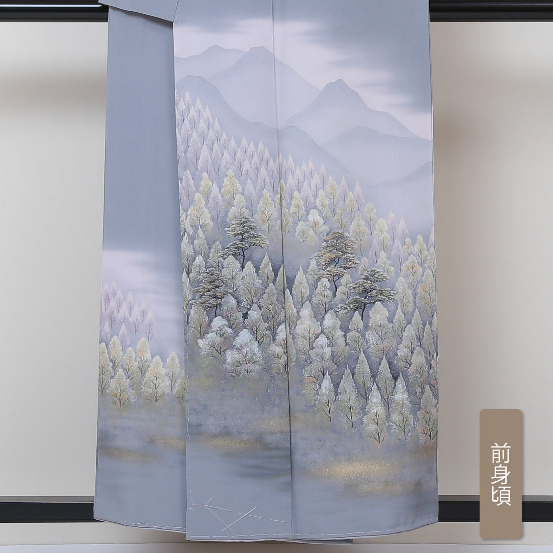 訪問着 袷 身丈152cm 裄丈62cm 正絹 Sランク セミフォーマル 広衿 Sサイズ 加賀友禅 ぼかし染 落款 しつけ糸 遠山 グレー系 RP 1217-04357