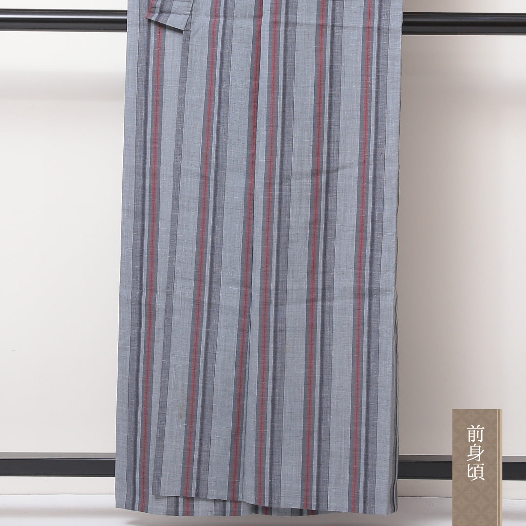 夏物 紬 夏紬 身丈159cm 裄丈64cm 正絹 Bランク カジュアル バチ衿 Mサイズ 居敷当て 肩当て 縞 グレー系 RP 1223-03502