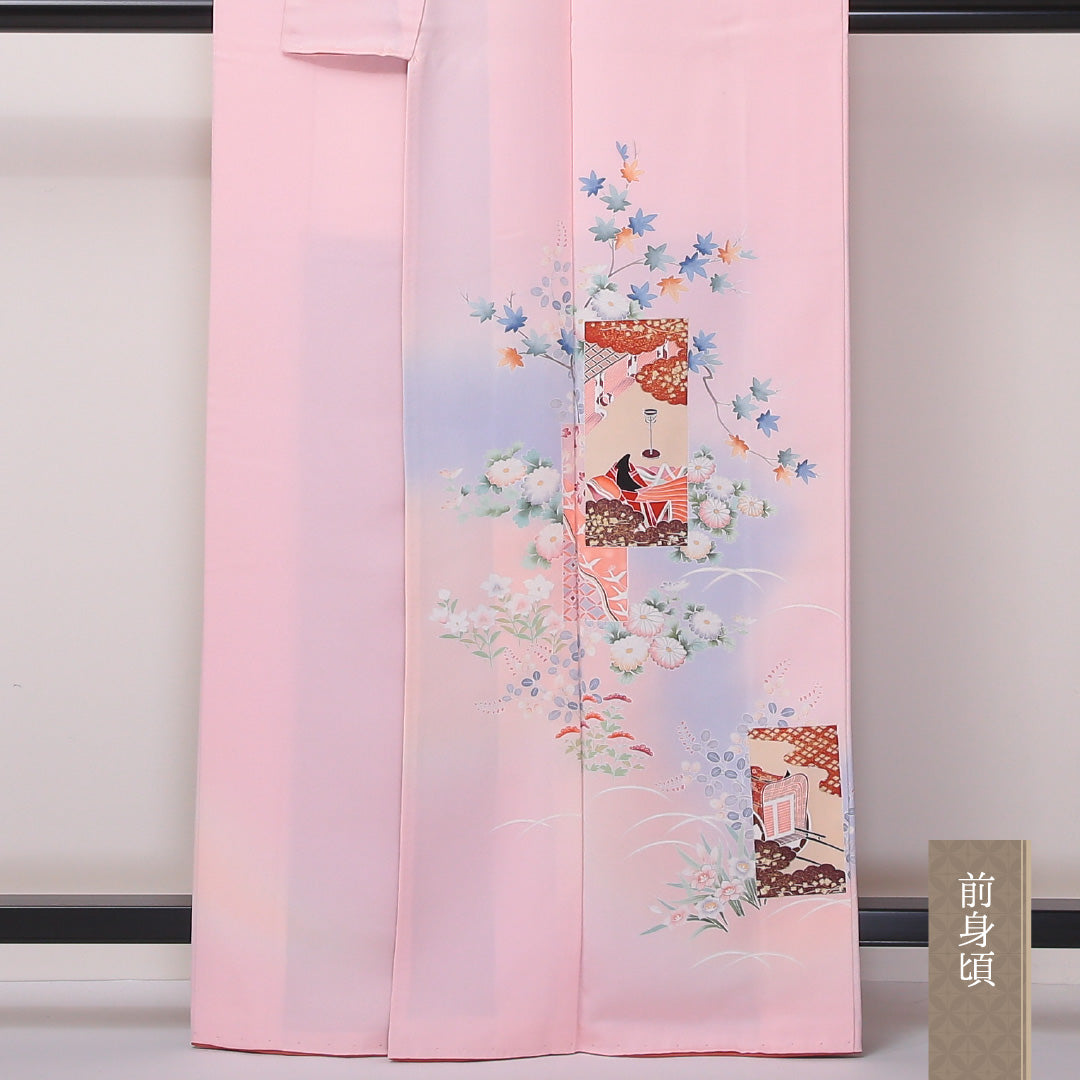 訪問着 袷 身丈162cm 裄丈67cm 正絹 Aランク セミフォーマル 広衿 Lサイズ ぼかし染 金彩 平安絵巻 花柄 ピンク系 HP 1217-04613