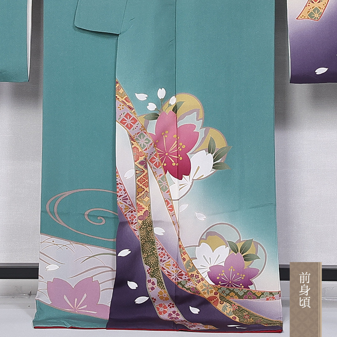はれやかサンライト加工 振袖 身丈171cm 裄丈67.5cm 袷 正絹 Aランク 広衿 桜 流水 熨斗 1213-F0385