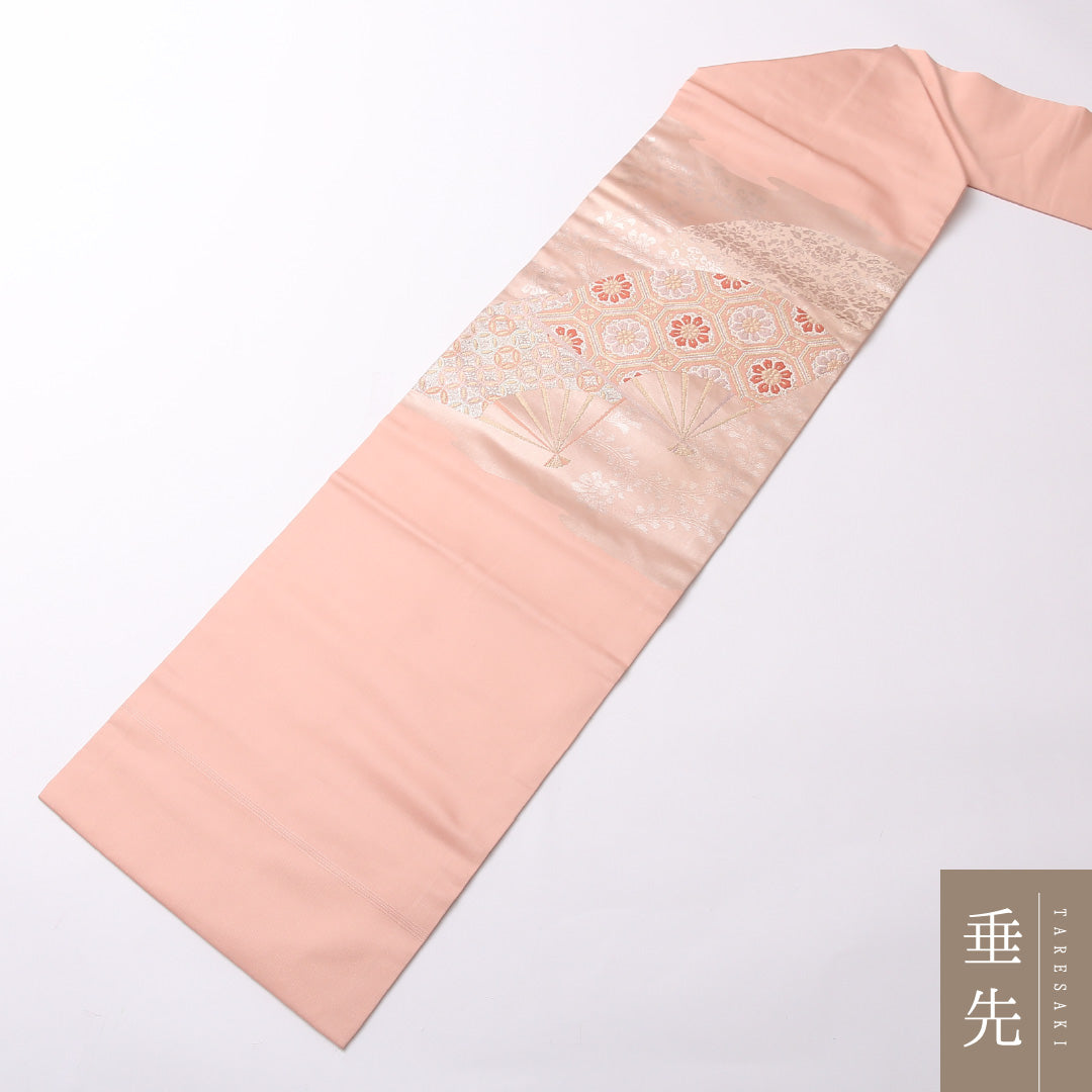九寸 名古屋帯 帯丈355cm 名古屋仕立て 六通 Sランク セミフォーマル 正絹 吉祥文様 扇 上品 華やか ピンク系 1224-02781