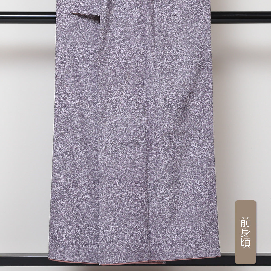 小紋 袷 身丈151cm 裄63cm 紫系 花柄 ボタニカル 洗える着物 Sランク 1215-01598-2220