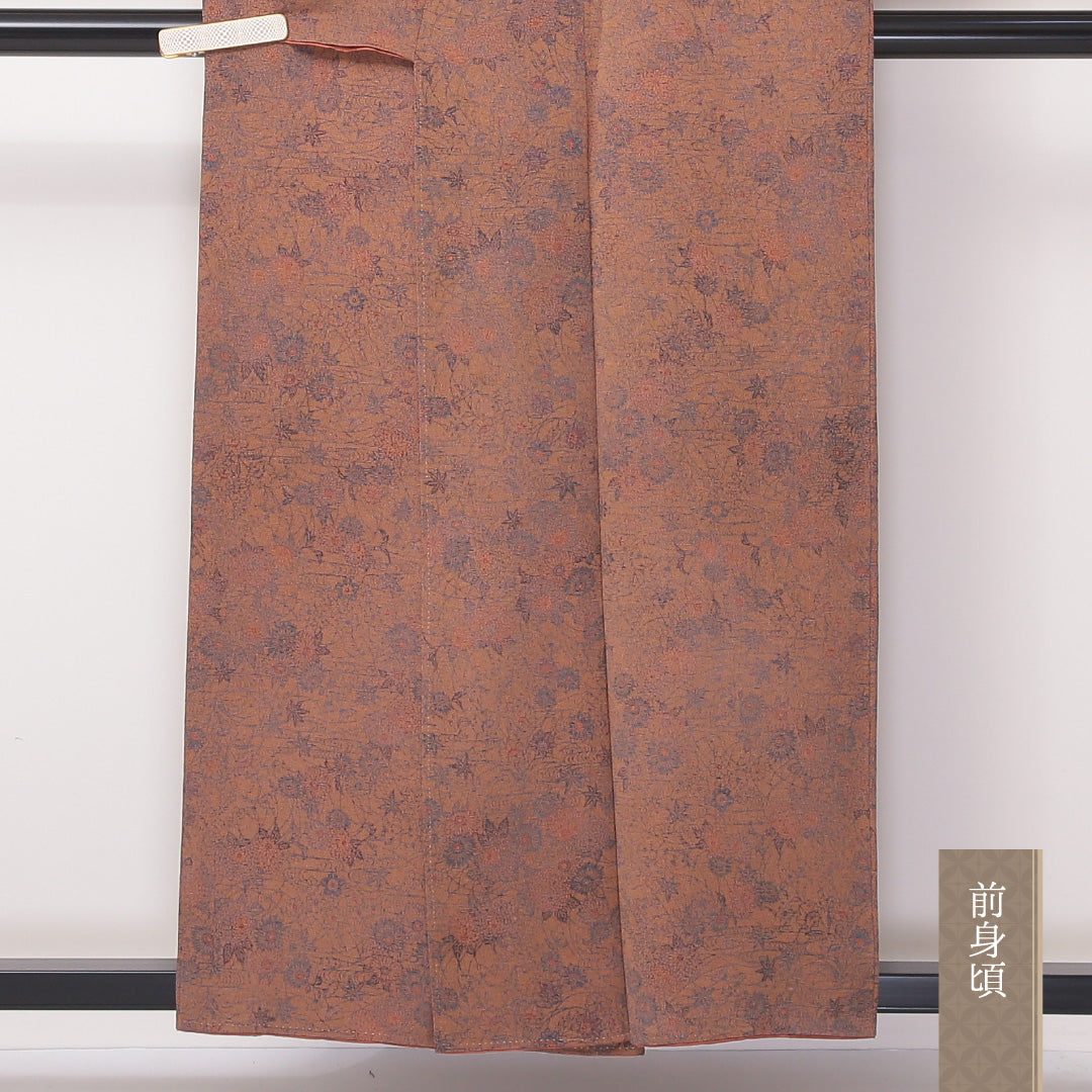 小紋 袷 身丈156cm 裄丈62cm 正絹 Bランク インフォーマル 広衿 Mサイズ 染型紙工芸師 細合俊男 作家物 落款 古典柄 茶系 SR 1221-02257