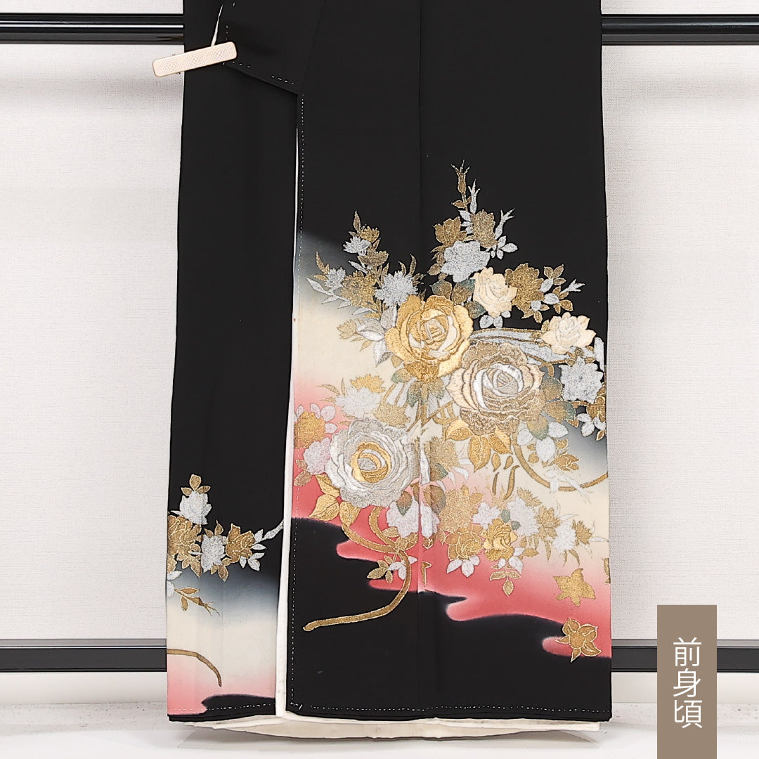 黒留袖 五つ紋 四ツ目菱 身丈158cm 裄丈64.5cm Aランク 正絹 袷 比翼 広衿 M 刺繍 金箔 薔薇 フォーマル 華やか 存在感 黒系 1211-F0577