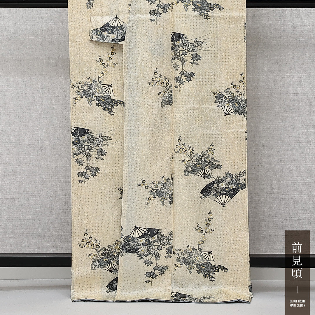 小紋 袷 身丈166cm 裄丈64cm 正絹 Sランク インフォーマル 広衿 XLサイズ 花扇 クリーム系 RP 1221-14175