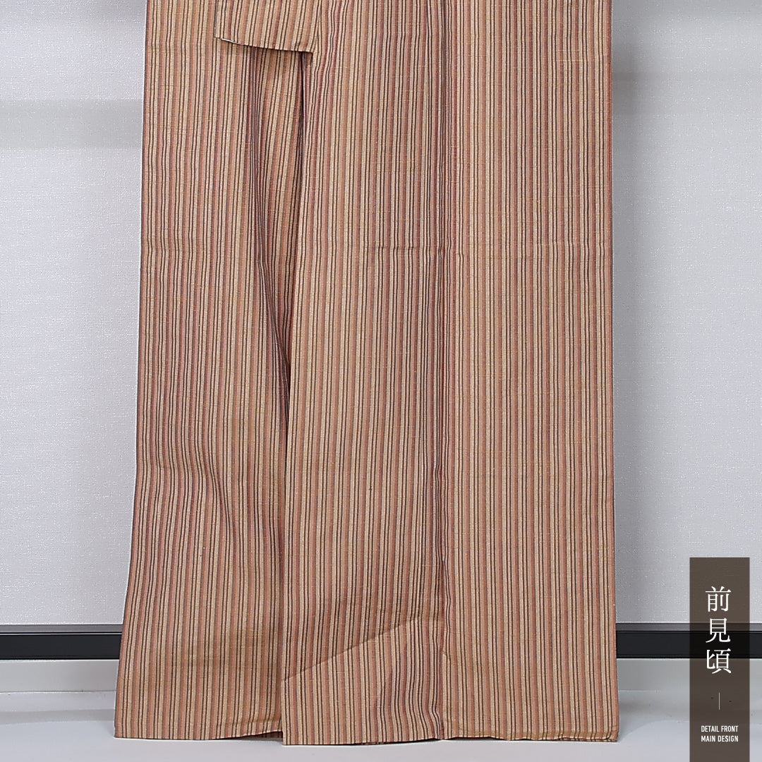 紬 単衣 身丈163cm 裄丈67cm 正絹 Sランク カジュアル 広衿 Lサイズ 縞 茶系 RP 1223-12267