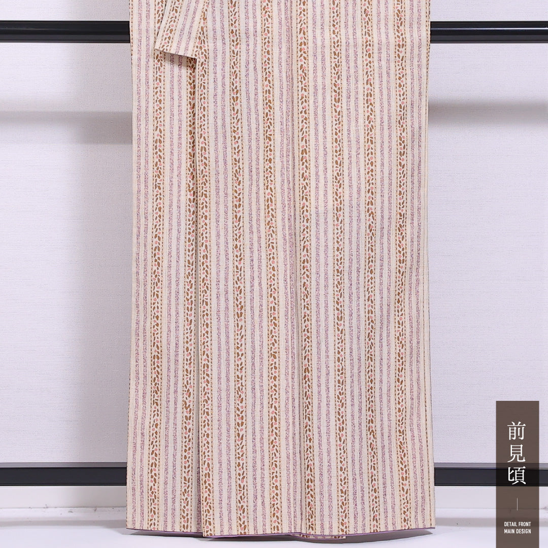 小紋 袷 身丈159cm 裄丈69cm 正絹 Bランク インフォーマル バチ衿 Mサイズ 縞 ベージュ系 RP 1221-11748