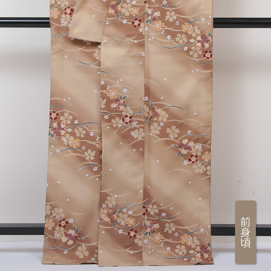 小紋 洗える着物 単衣 身丈164cm 裄丈66cm ポリエステル Aランク Lサイズ 広衿 インフォーマル 芝草 桜 茶系 1215-01188