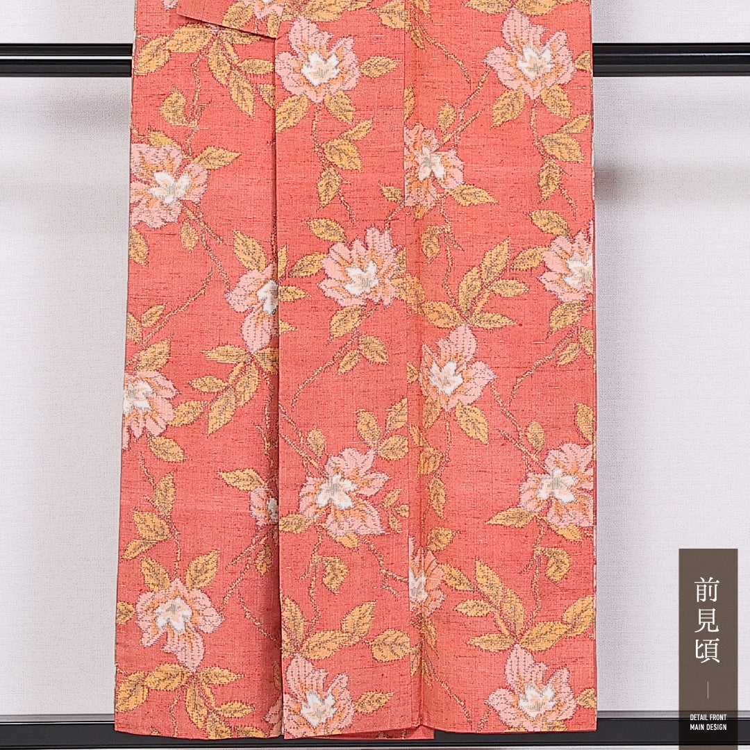 紬 袷 身丈152cm 裄丈63cm 正絹 Aランク カジュアル 広衿 Sサイズ 花柄 ピンク系 HP 1223-11023