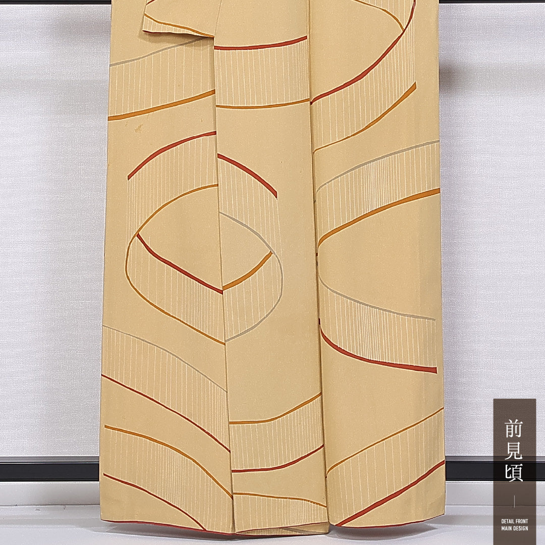 小紋 袷 身丈159cm 裄丈66cm 正絹 Cランク インフォーマル 広衿 Mサイズ 創作柄 黄系 LP 1221-11281
