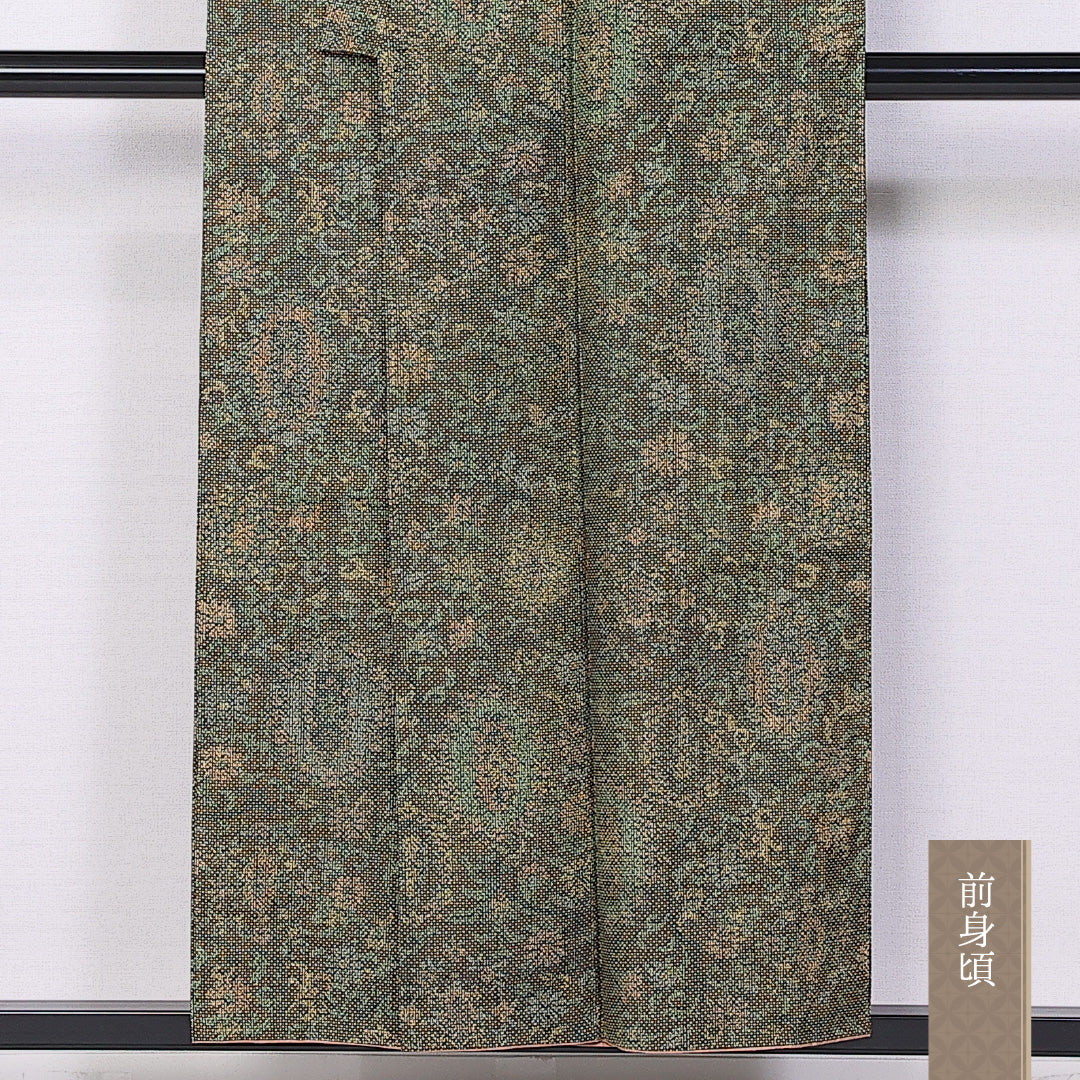 紬 袷 身丈153cm 裄丈63cm 正絹 Sランク カジュアル バチ衿 Sサイズ 染め紬 創作柄 緑系 RP 1223-10880