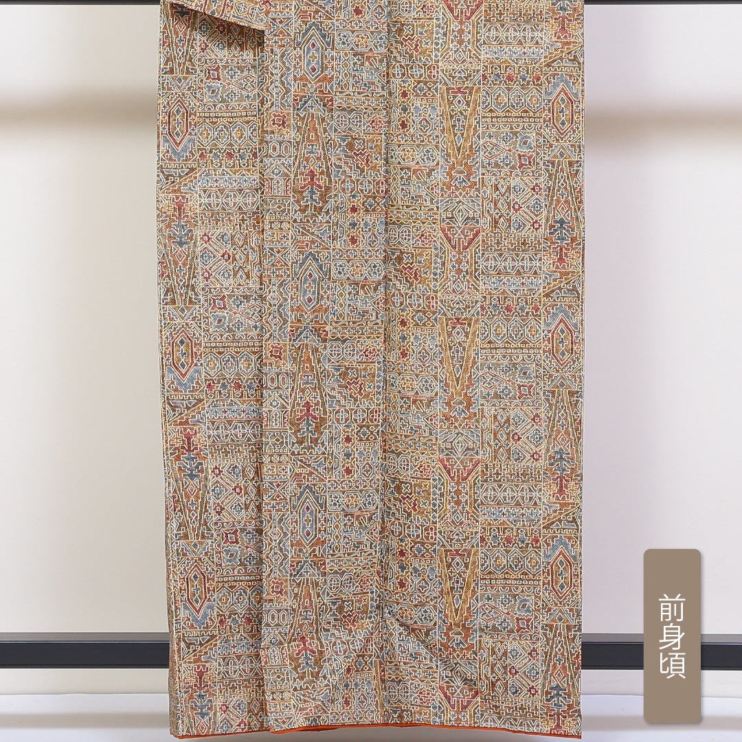 小紋 袷 身丈160cm 裄66.5cm 茶系 型染め モダン 正絹 Aランク しつけ糸 1215-01734-3414