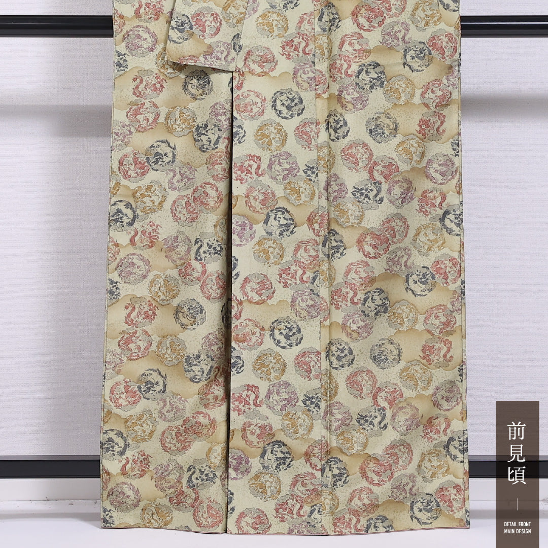 小紋 袷 身丈162cm 裄丈65cm 正絹 Sランク インフォーマル 広衿 Lサイズ 海老 緑系 RP 1221-11756