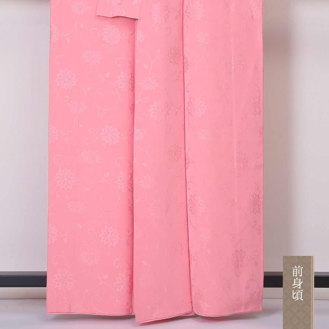 色無地 袷 身丈161cm 裄丈62cm 正絹 Sランク 一つ紋 (片喰) 紋意匠 (唐華) セミフォーマル 広衿 Lサイズ ピンク系 RP 1219-05244