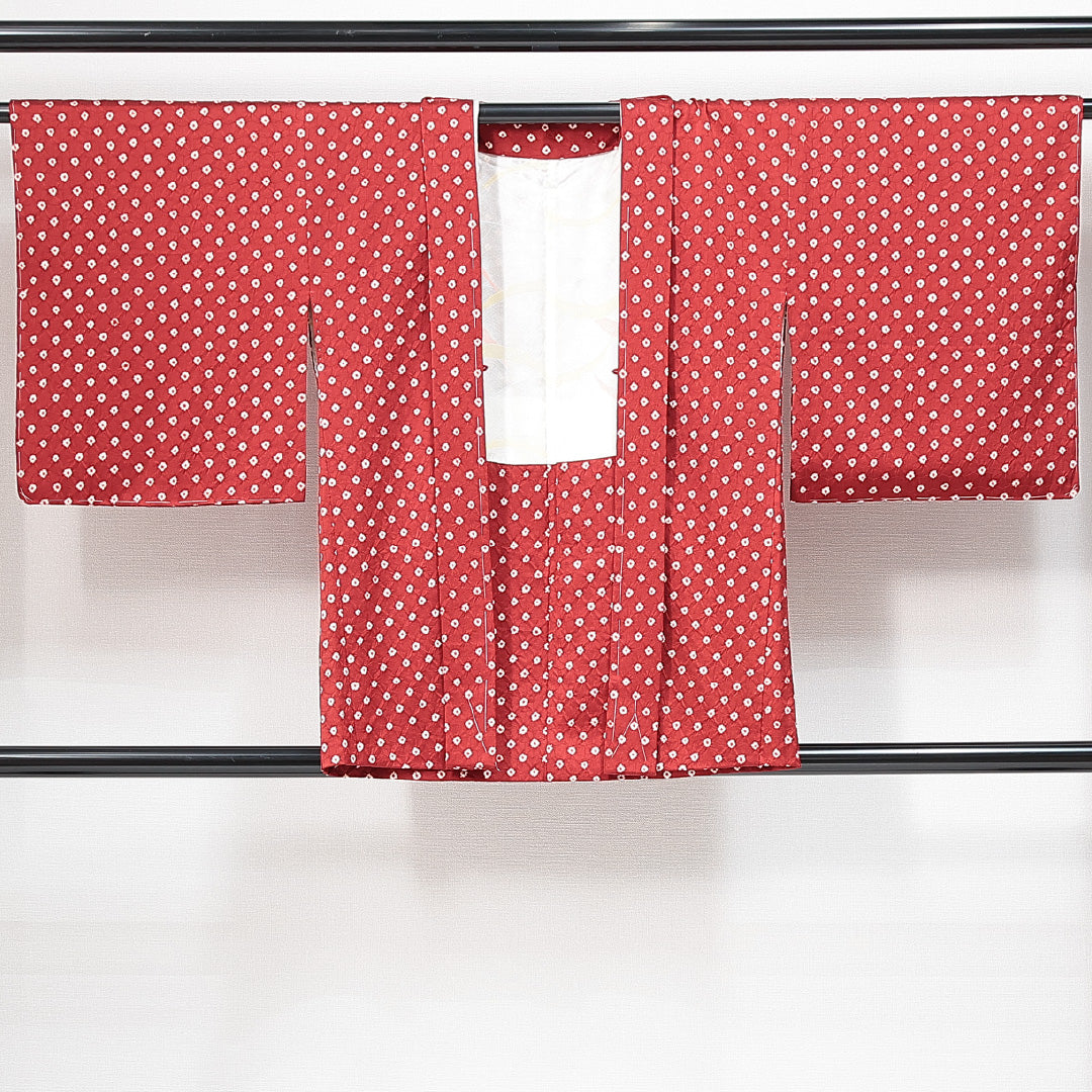 新古品 羽織(総絞り) 袷 身丈79cm 裄丈68cm 正絹 Nランク Lサイズ カジュアル 鹿の子柄 しつけ糸 赤系 1217-14754