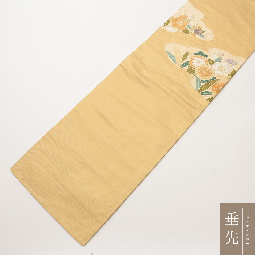 九寸名古屋帯 帯丈358cm 正絹 ポイント柄 名古屋仕立て 織り セミフォーマル エ霞 菊 クリーム系 RP 1245-02011
