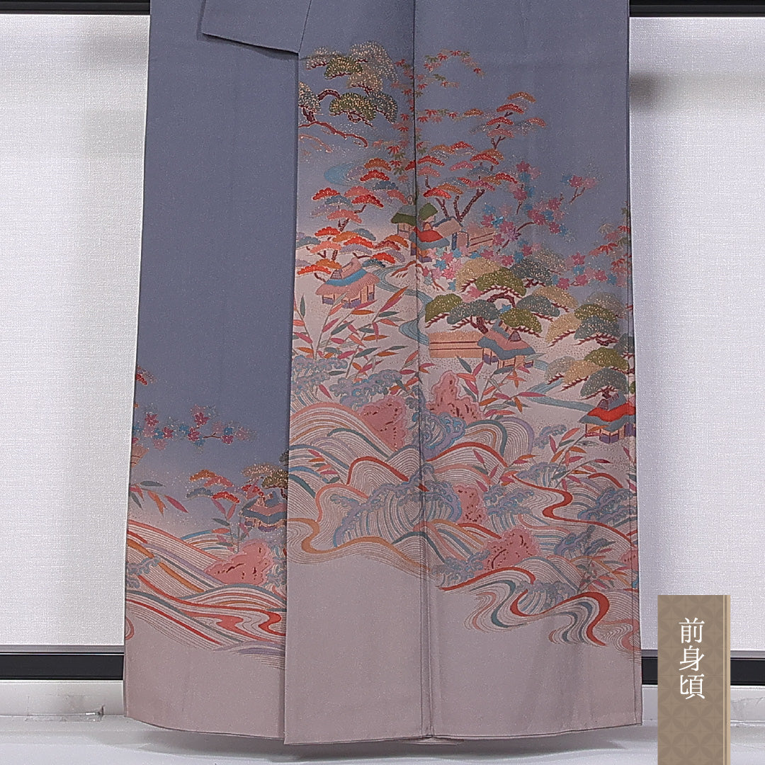 訪問着 袷 身丈157cm 裄丈65cm 正絹 Bランク セミフォーマル 広衿 Mサイズ 茶屋辻 松竹梅 グレー系 HP 1217-10862