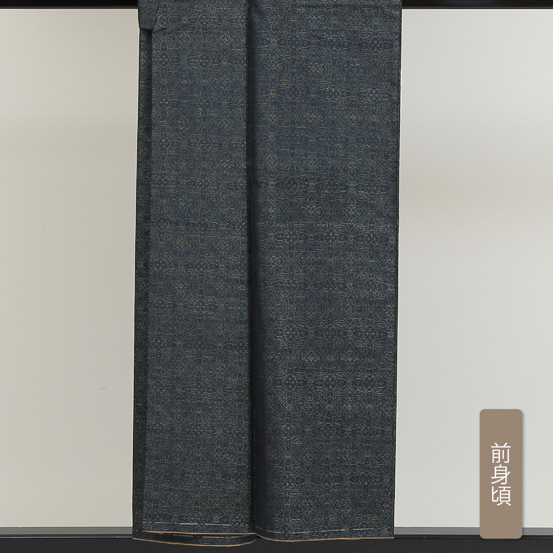 大島紬 袷 身丈151cm 裄丈62cm 正絹 Aランク インフォーマル 広衿 Sサイズ 緯総絣 花菱 緑系 RP 1223-02838