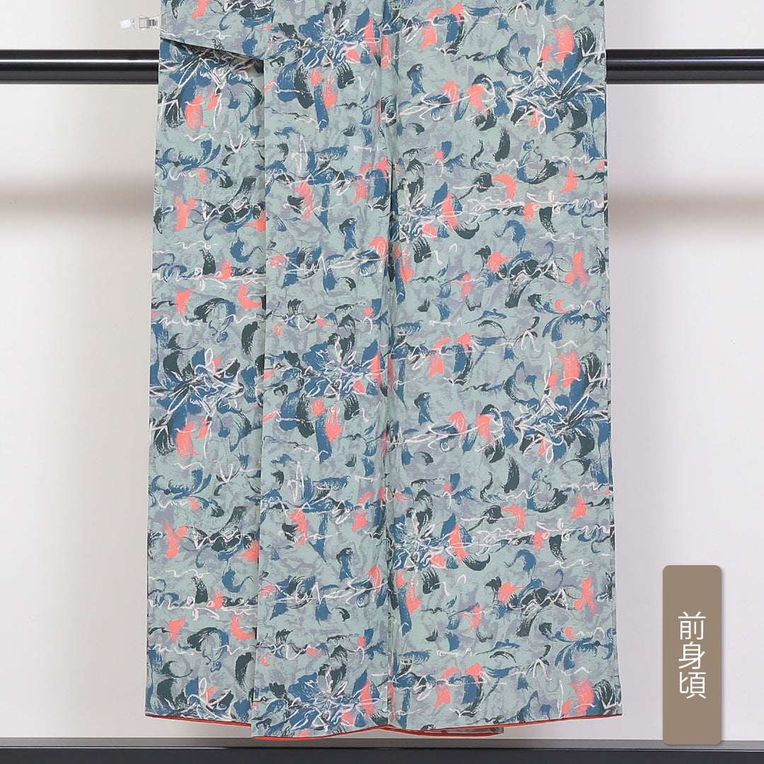 小紋 袷 身丈148cm 裄丈62cm 正絹 Sランク インフォーマル 広衿 XSサイズ 花柄 水色系 RP 1221-01752
