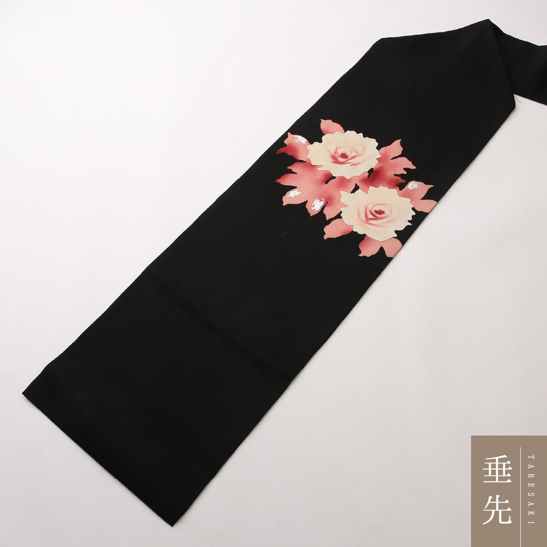 九寸名古屋帯 Cランク 帯丈359cm 正絹 ポイント柄 名古屋仕立て 染め インフォーマル 塩瀬 薔薇 黒系 RP 1245-02434
