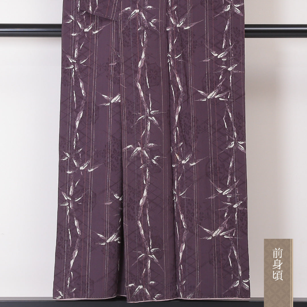 アンティーク 小紋 袷 身丈149cm 裄丈61cm 正絹 Bランク XSサイズ 広衿 笹 紫系 1215-02092