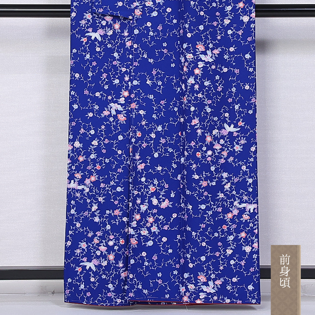 小紋 身丈160cm 裄丈64.5cm L ポリエステル Sランク 袷 洗える着物 広衿 唐草 桜 1215-10820