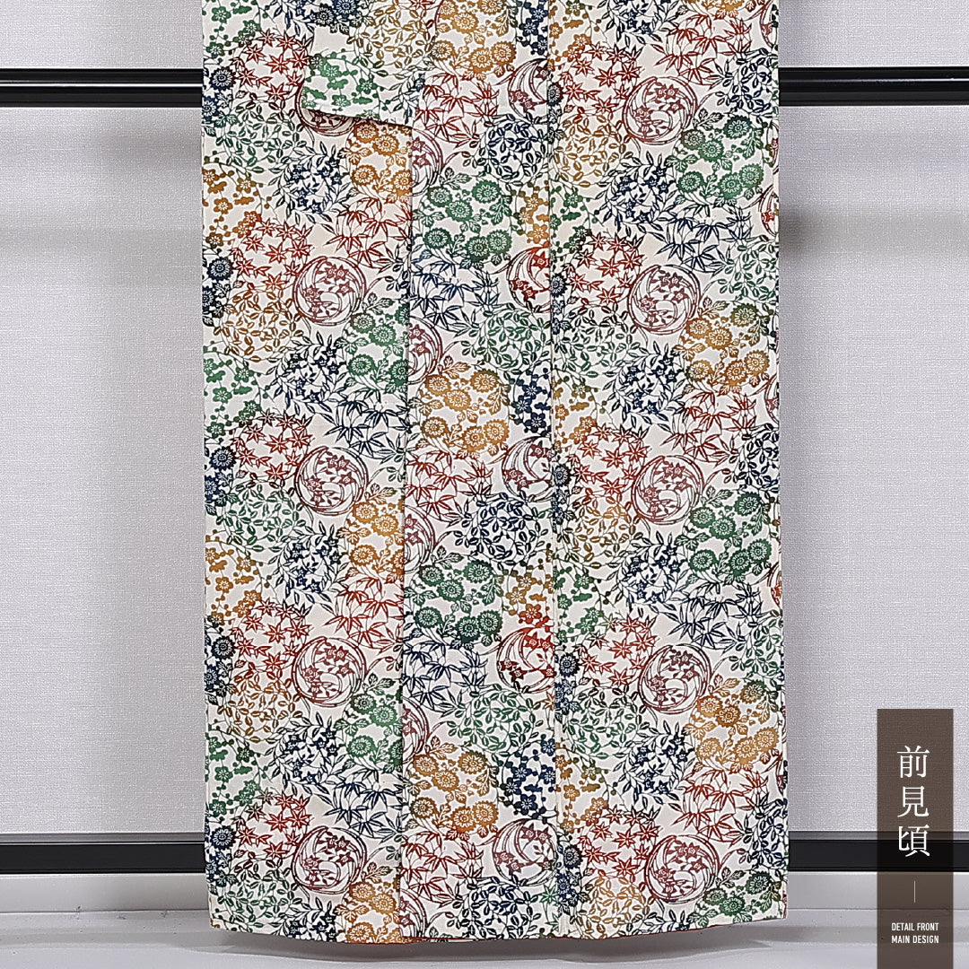 小紋 袷 身丈159cm 裄丈64cm 正絹 Sランク インフォーマル 広衿 Mサイズ 更紗 江戸更紗 四季草花 クリーム系 RP 1221-11247