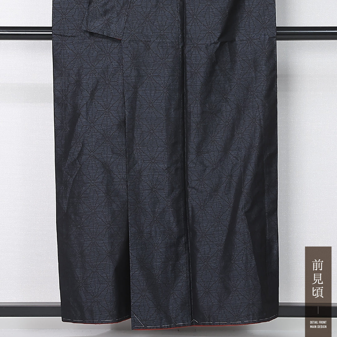 洗える着物 紬 袷 身丈155cm 裄丈65cm ポリエステル Sランク カジュアル 広衿 Mサイズ 麻の葉 紺系 RP 1223-12400
