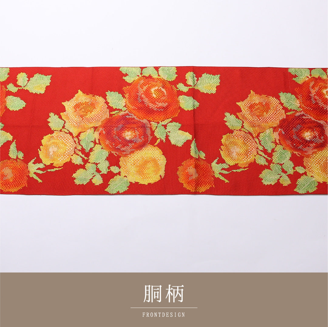 八寸名古屋帯 Aランク 帯丈356cm 正絹 六通 松葉仕立て 織り カジュアル 斜子織 薔薇 赤系 LP 1245-02532